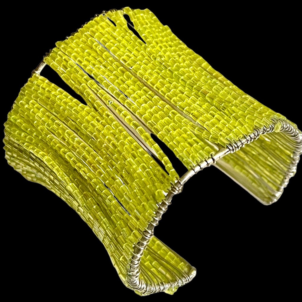Large Vintage Iridescent Lime Green Tube Bead Cuff Statement Bracelet
